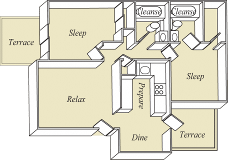 Floor plan for 2 beds, 2 baths, 840 sqft